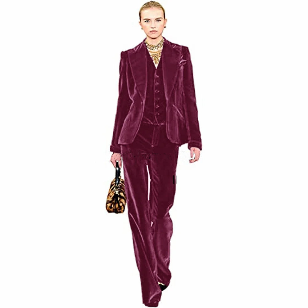 Women's Elegant 3 Piece Velvet Suit Sets Single Breasted Point Collar for Prom Pants Sets