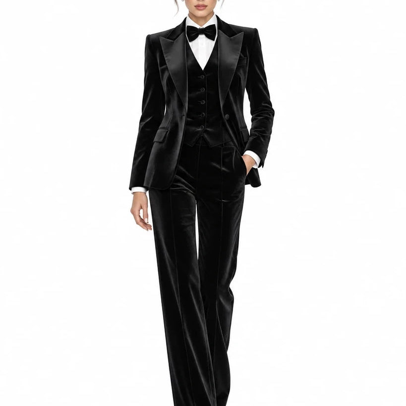 Women's Elegant 3 Piece Velvet Suit Sets Single Breasted Point Collar for Prom Pants Sets