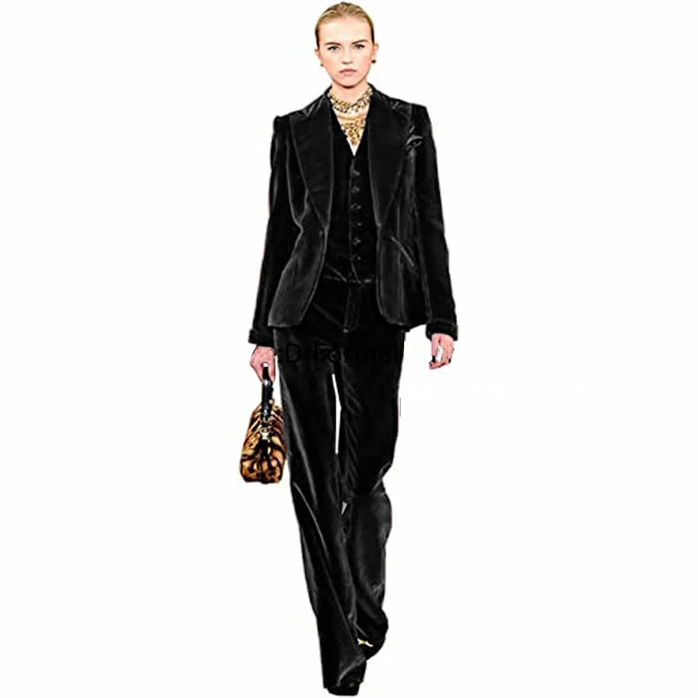 Women's Elegant 3 Piece Velvet Suit Sets Single Breasted Point Collar for Prom Pants Sets