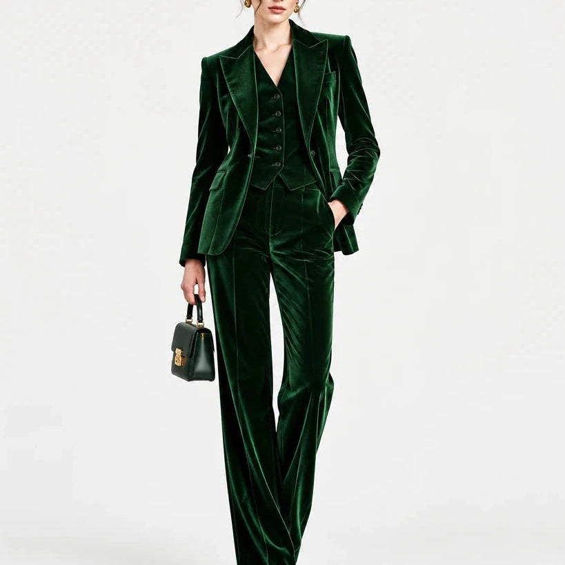 Women's Elegant 3 Piece Velvet Suit Sets Single Breasted Point Collar for Prom Pants Sets