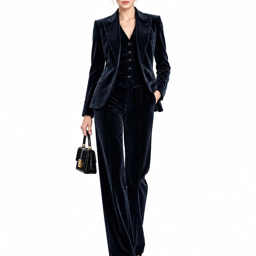 Women's Elegant 3 Piece Velvet Suit Sets Single Breasted Point Collar for Prom Pants Sets