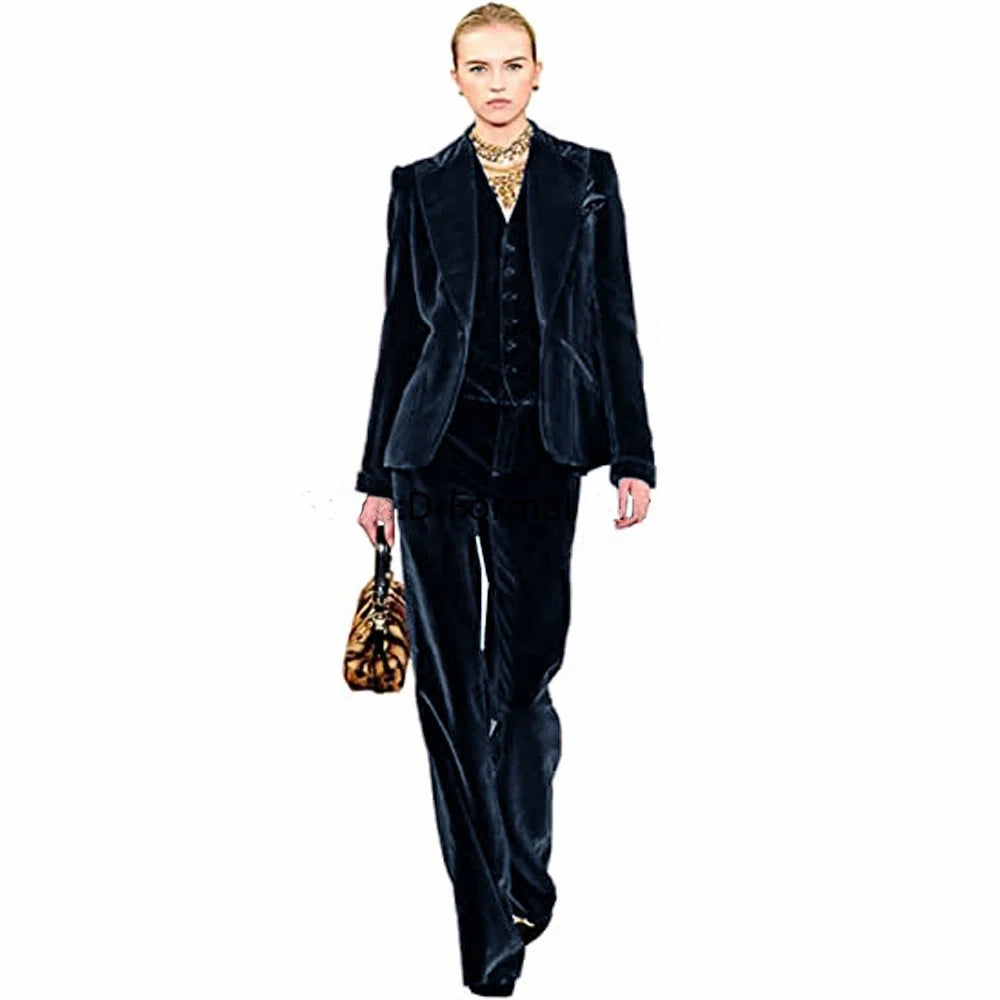 Women's Elegant 3 Piece Velvet Suit Sets Single Breasted Point Collar for Prom Pants Sets