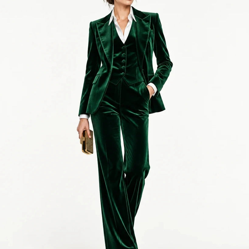 Women's Elegant 3 Piece Velvet Suit Sets Single Breasted Point Collar for Prom Pants Sets