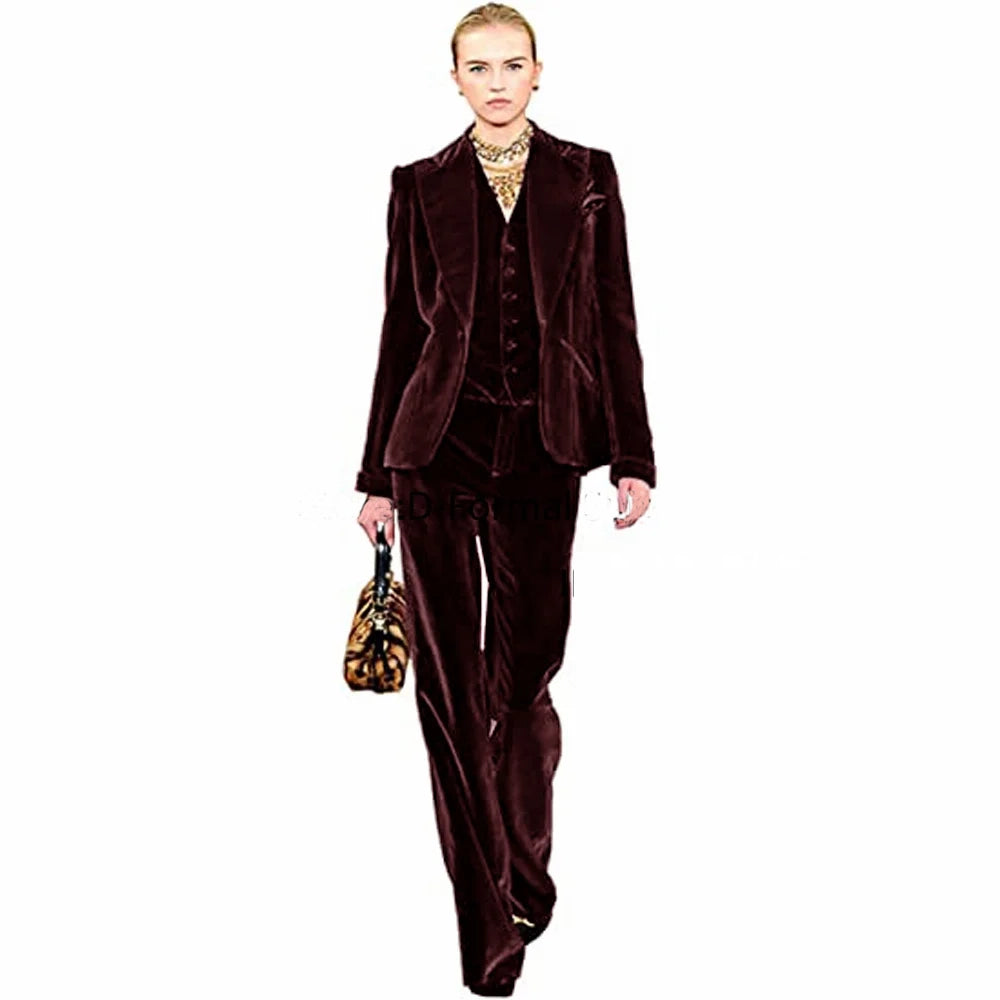Women's Elegant 3 Piece Velvet Suit Sets Single Breasted Point Collar for Prom Pants Sets