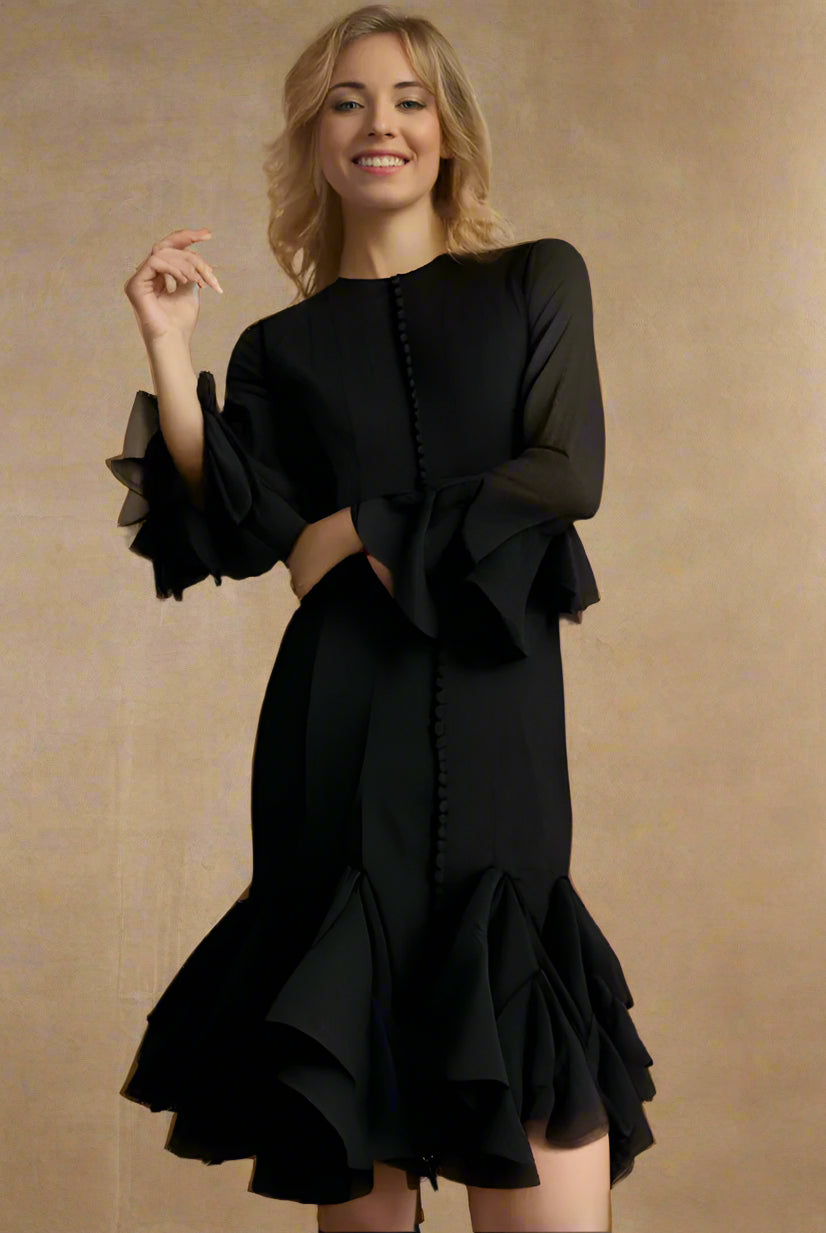Women_long_sleeve_layered_ruffled_hem_short_and_long_dresses