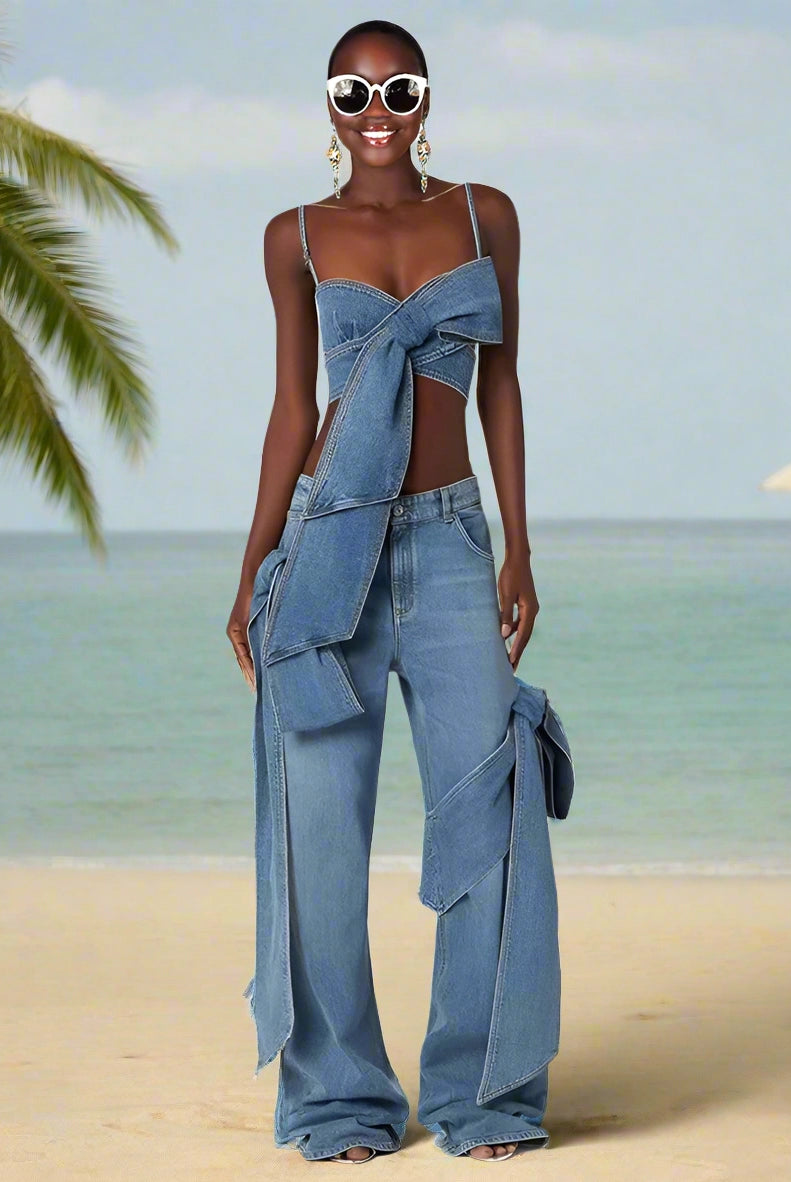 Women_s_Summer_bow_tie_top_vest_matching_straight_wide-leg_distressed_jeans_suit