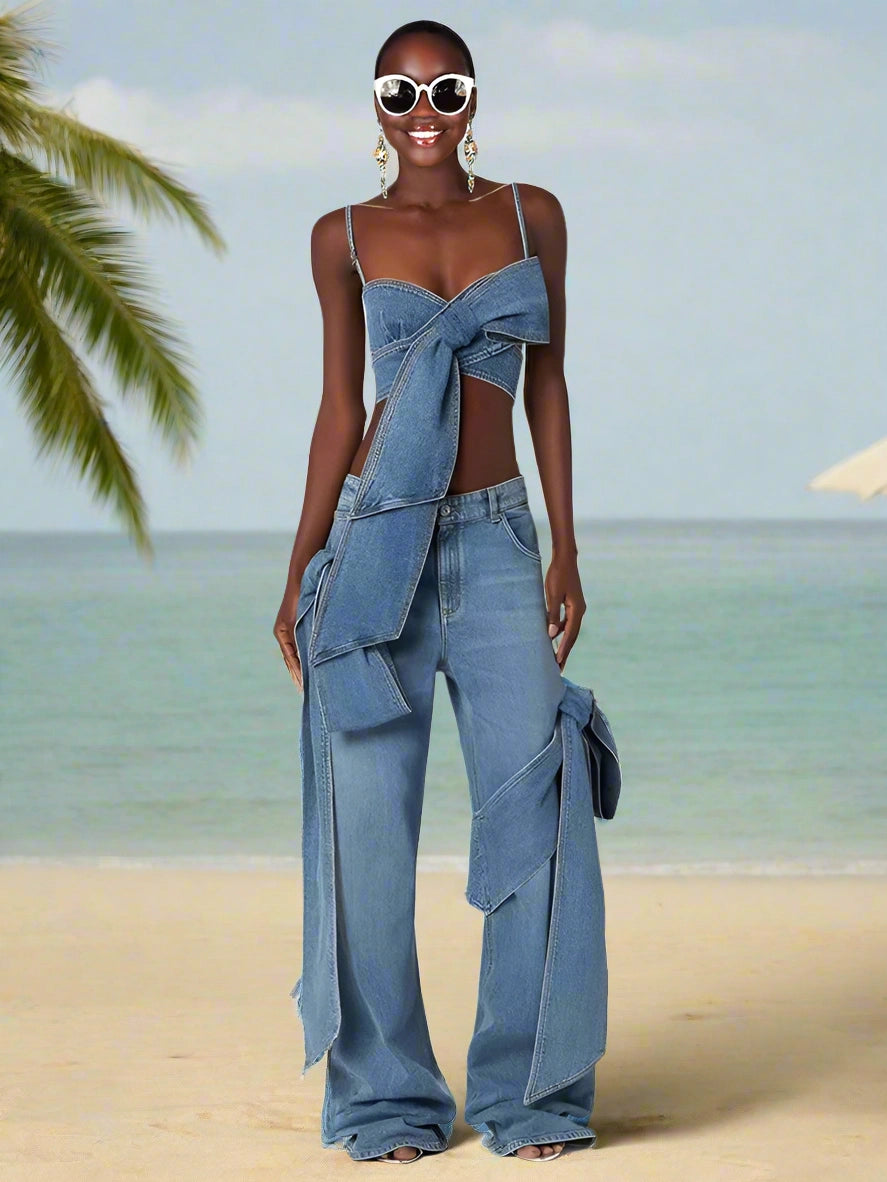 Women_s_Summer_bow_tie_top_vest_matching_straight_wide-leg_distressed_jeans_suit