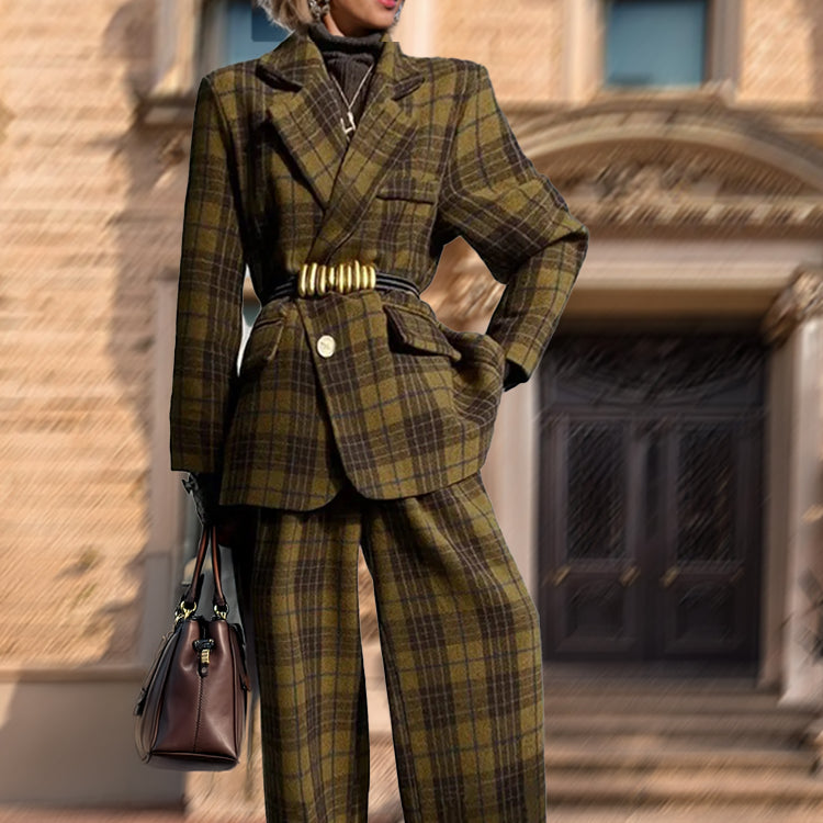 Women_travel_plaid_two_piece_sets_top_blazer_jacket_with_wide_leg_matching_pant