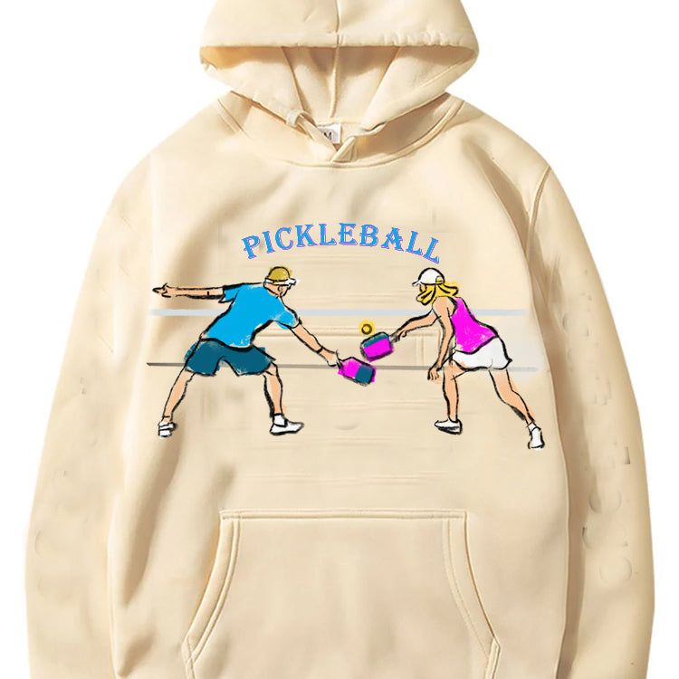 Sudadera unisex con capucha y estampado de pareja de jugadores de pickleball para clima frío