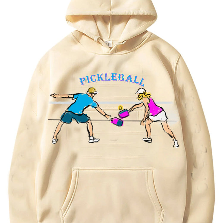 Sudadera unisex con capucha y estampado de pareja de jugadores de pickleball para clima frío