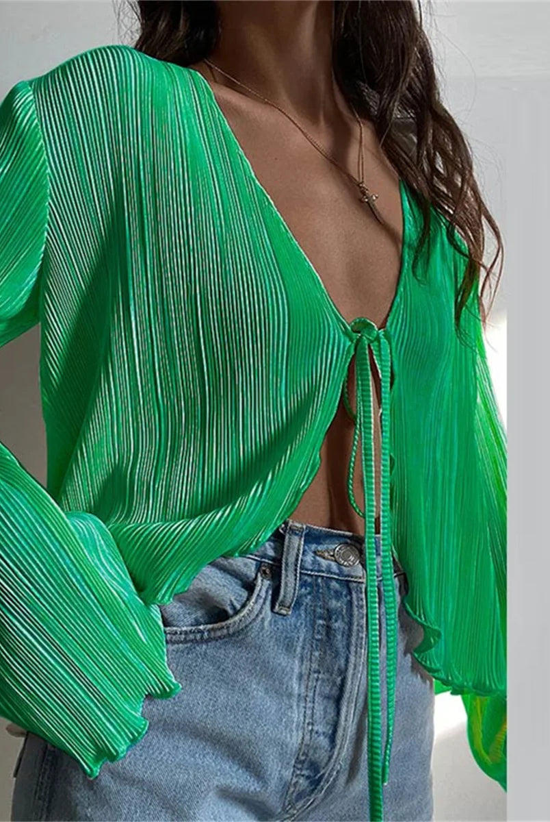 ashoreshop-Women-Pleated-Plain-Shirts-Spring-Fall-Chic-Long-Flare-Sleeve-V-Neck-Tie-Up-Cardigans-2