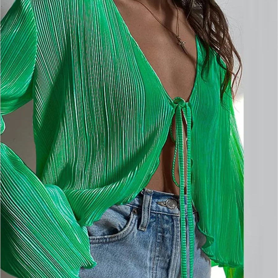ashoreshop-Women-Pleated-Plain-Shirts-Spring-Fall-Chic-Long-Flare-Sleeve-V-Neck-Tie-Up-Cardigans-2