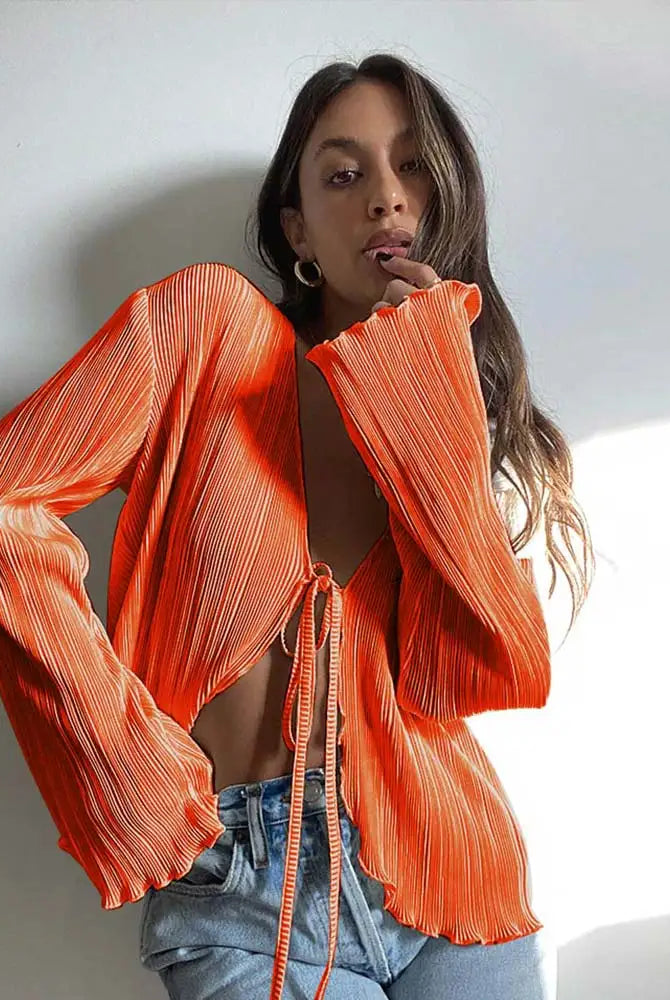 ashoreshop-Women-Pleated-Plain-Shirts-Spring-Fall-Chic-Long-Flare-Sleeve-V-Neck-Tie-Up-Cardigans-3