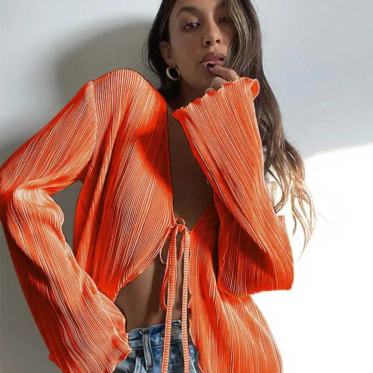 ashoreshop-Women-Pleated-Plain-Shirts-Spring-Fall-Chic-Long-Flare-Sleeve-V-Neck-Tie-Up-Cardigans-3