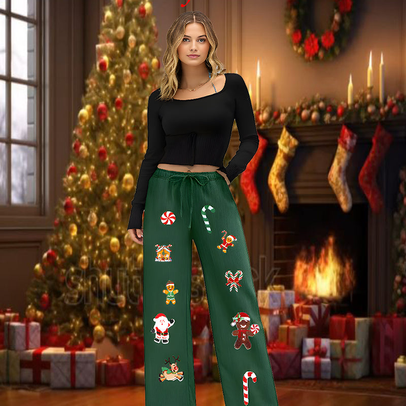 Cozy Christmas-themed embroidery Patches Linen Pants