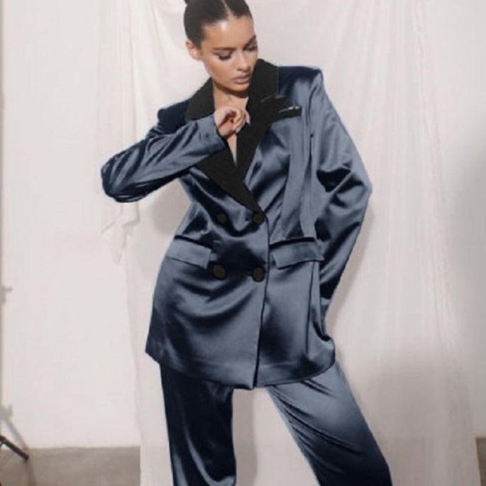 Tailor Suite Women's Loose Satin Double-breasted Two-piece Pant Suit
