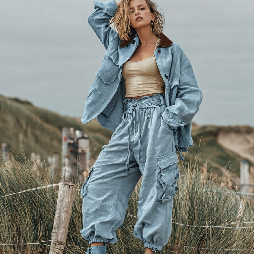 100% linen Workwear Cargo Pant and Jackets outfit Sets