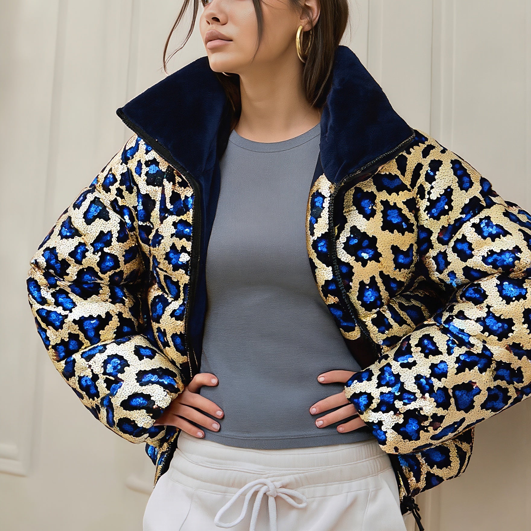 ASHORE® Festival Style Shiny Sequins Leopard 90% Down Coat