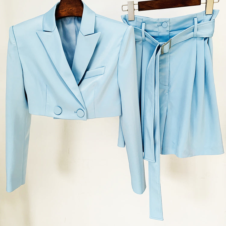 Fashion Designer Runway Suit Set Women's Satin Crop Blazer Jacket Belted Shorts Set 2pcs