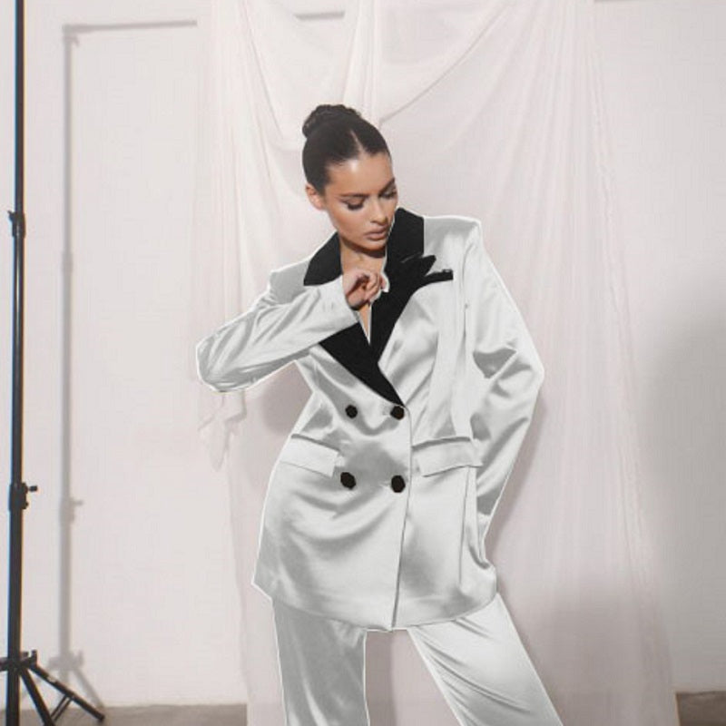 Tailor Suite Women's Loose Satin Double-breasted Two-piece Pant Suit