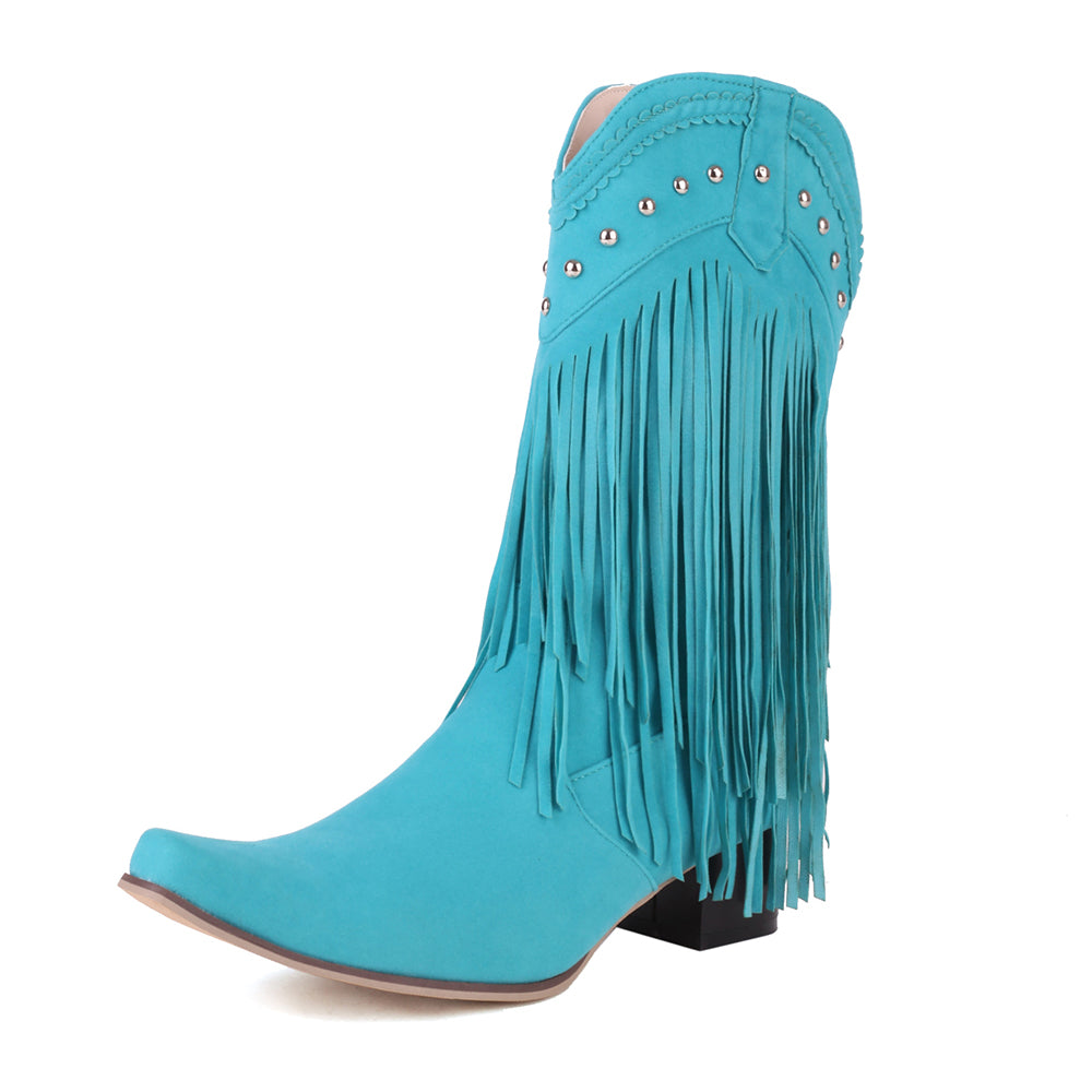 Fringe Western Cowboy Boots for Women Vintage Rivet Tassels Long Boots