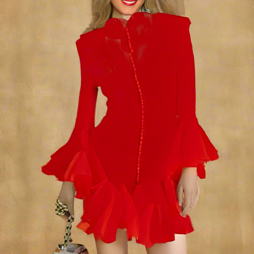 Women long sleeve layered ruffled hem short and long dress