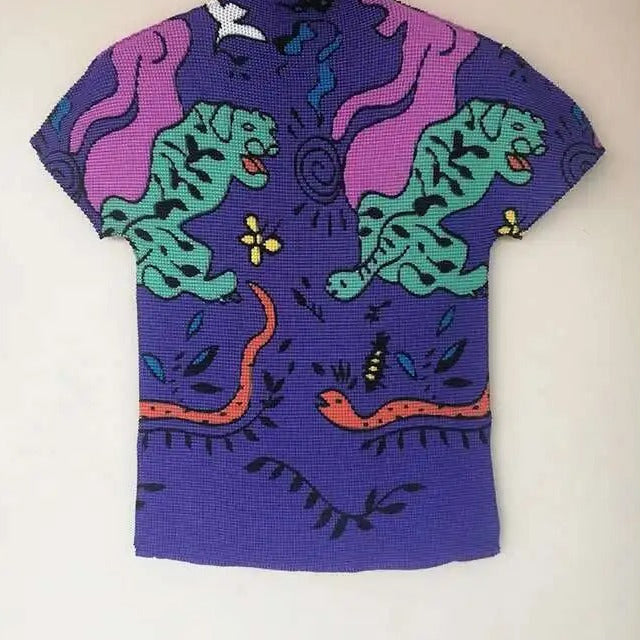 Ashore Ripple Stretch Print Pleated Short Sleeve T Shirts Super Stretch One Size Fit All