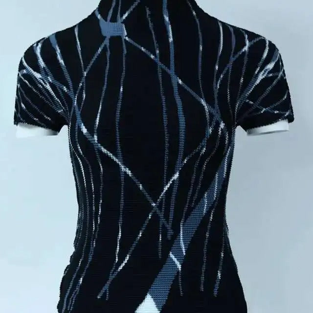 Ashore Ripple Stretch Print Pleated Short Sleeve T Shirts Super Stretch One Size Fit All