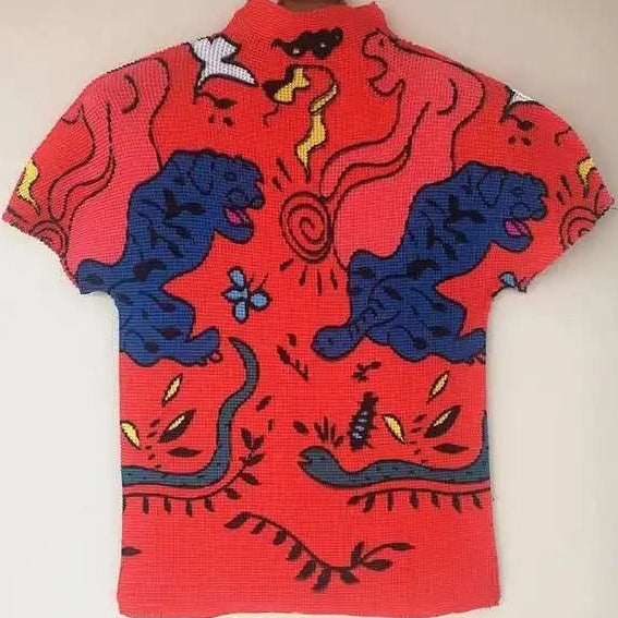 Ashore Ripple Stretch Print Pleated Short Sleeve T Shirts Super Stretch One Size Fit All