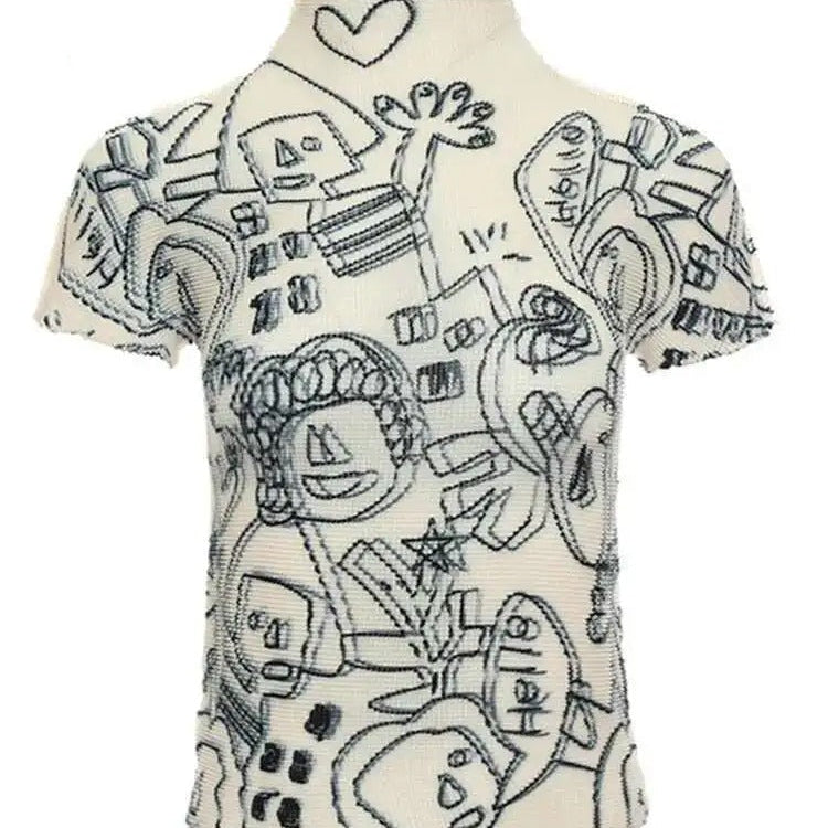 Ashore Ripple Stretch Print Pleated Short Sleeve T Shirts Super Stretch One Size Fit All