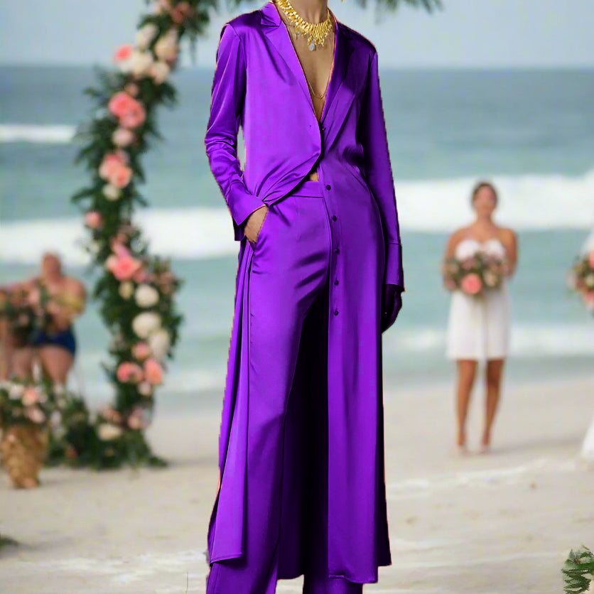 Ashore Long Summer Silk Satin Women's Custom long Suit Pants Set Custom Color and Size