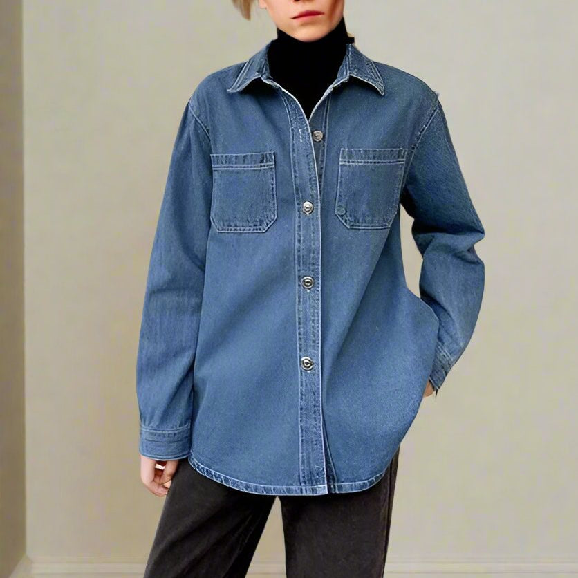 Womens Loose Washed Denim Shirts with Two Chest Pocket