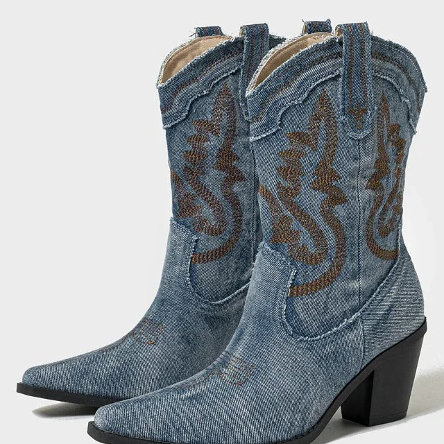 Ashore Shop Cowgirl Boots Embroidery Denim Boots