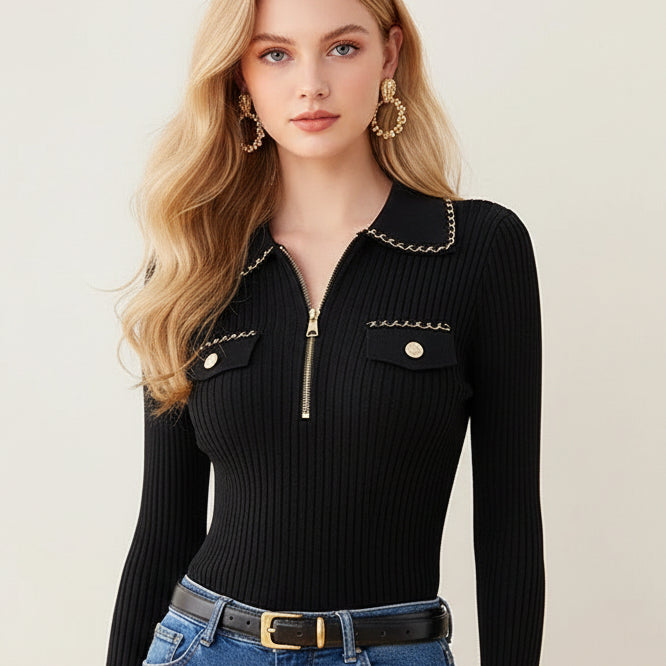 2025 Summer Luxury Chain Design Polo Collar Slim Short Women Y2K Mini Vinatge Tops Stryechy 3 Colors for Choose