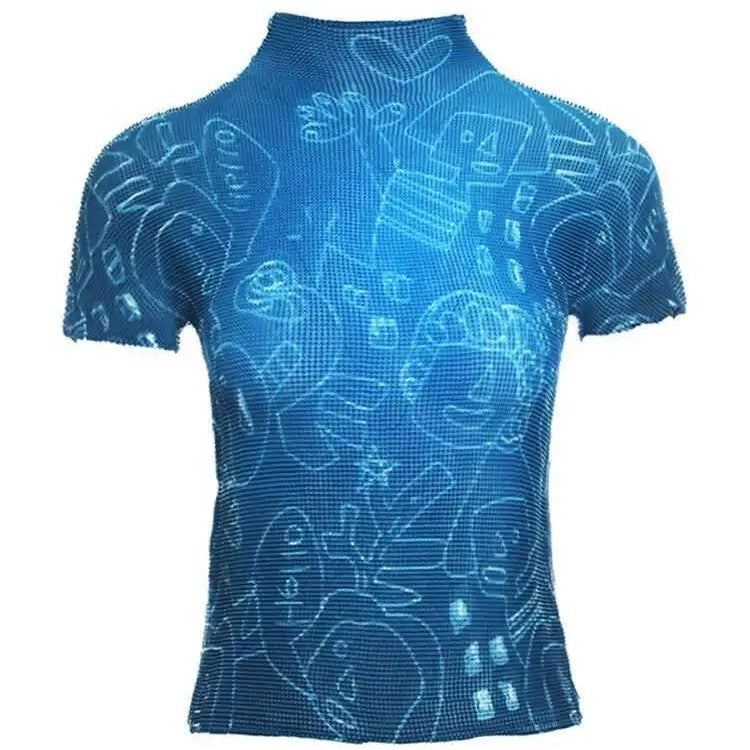 Ashore Ripple Stretch Print Pleated Short Sleeve T Shirts Super Stretch One Size Fit All