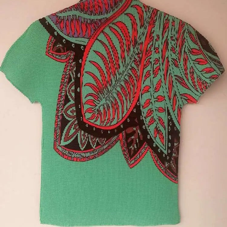Ashore Ripple Stretch Print Pleated Short Sleeve T Shirts Super Stretch One Size Fit All