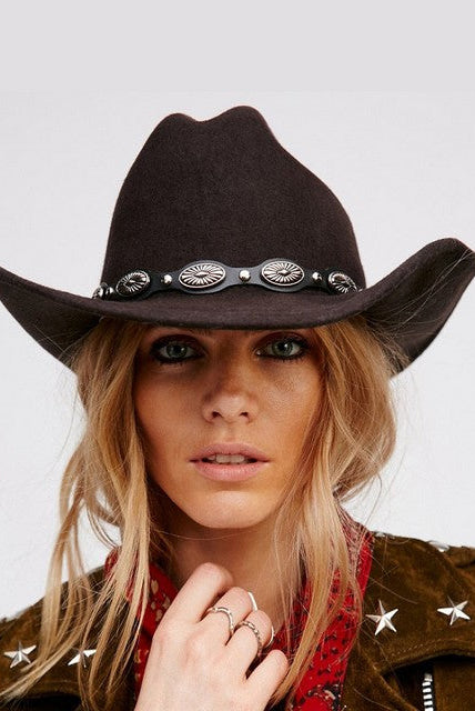 100% Wool Vintage Womem Men Western Cowboy Hat With Wide Brim Punk Belt Cowgirl Cap