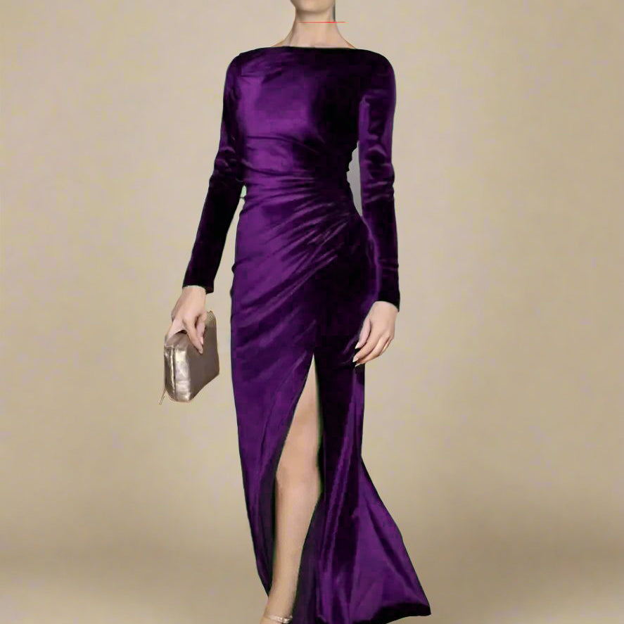 Ashore Shop Velvet Boat Neck Long Sleeve Evening Dress