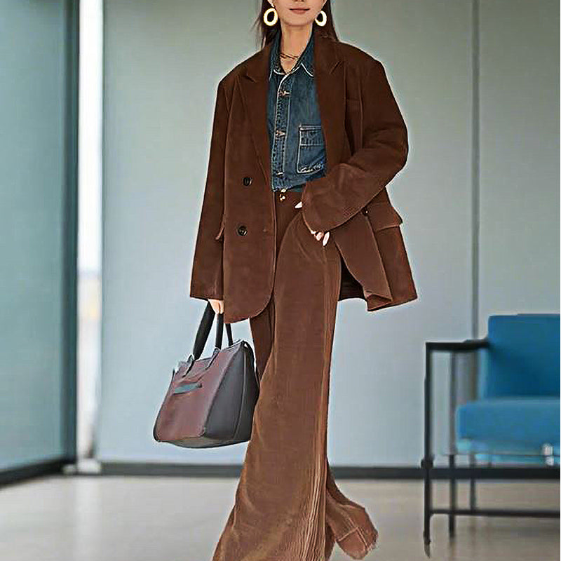Retro dark brown loose-fit corduroy pant blazer suit set