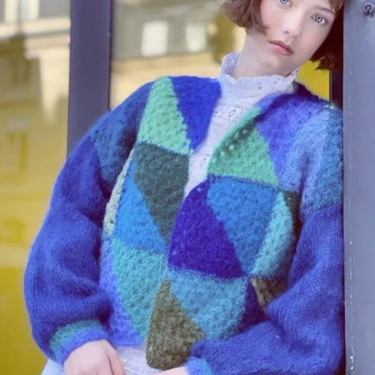 Mohair Sweaters Geometry Spliced Knitted Cardigans Sweaters