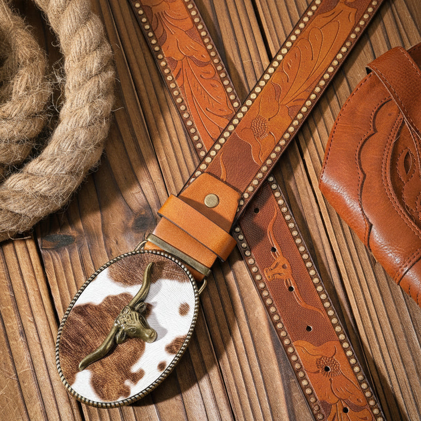 Ashore shop Western Western Metal Buckle PU Leather Belts For Bother Men and Women