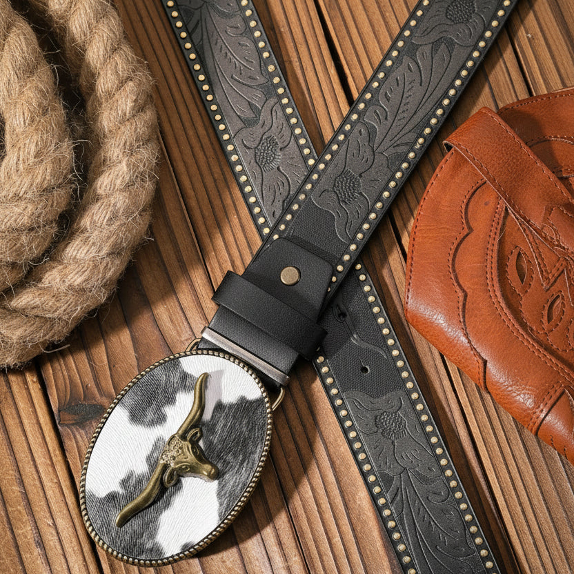 Ashore shop Western Western Metal Buckle PU Leather Belts For Bother Men and Women