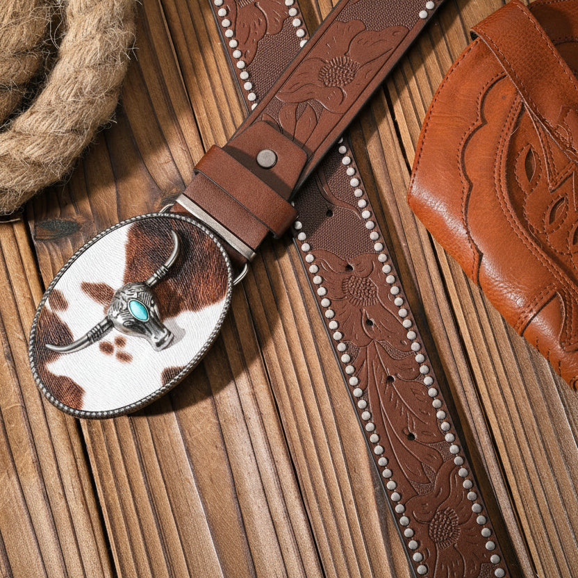 Ashore shop Western Western Metal Buckle PU Leather Belts For Bother Men and Women