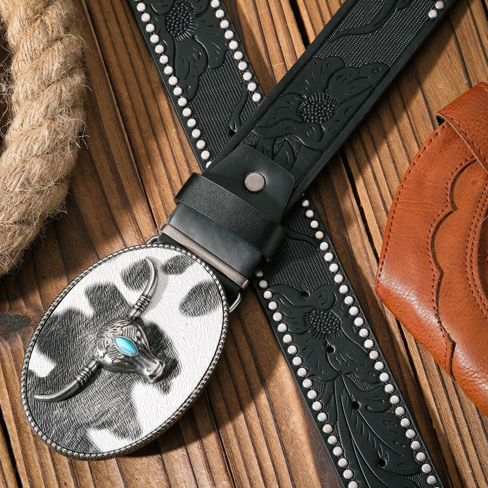 Ashore shop Western Western Metal Buckle PU Leather Belts For Bother Men and Women