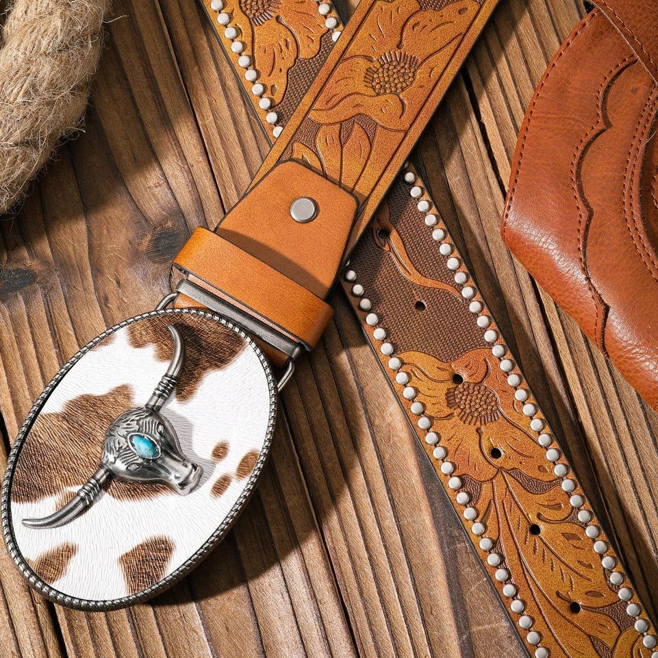 Ashore shop Western Western Metal Buckle PU Leather Belts For Bother Men and Women