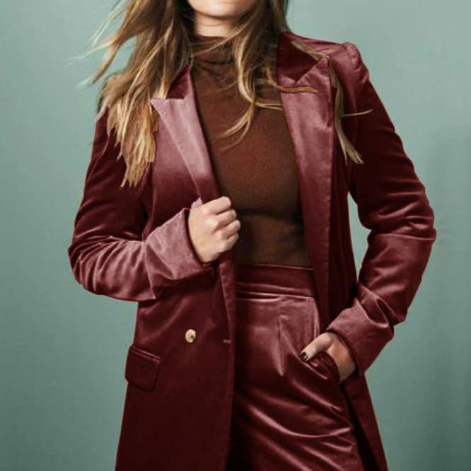 Contemporary Velvet Suit Sets Long Blazer and Pant Two Piece Sets