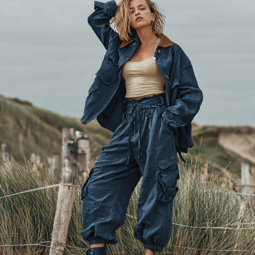 100% linen Workwear Cargo Pant and Jackets outfit Sets