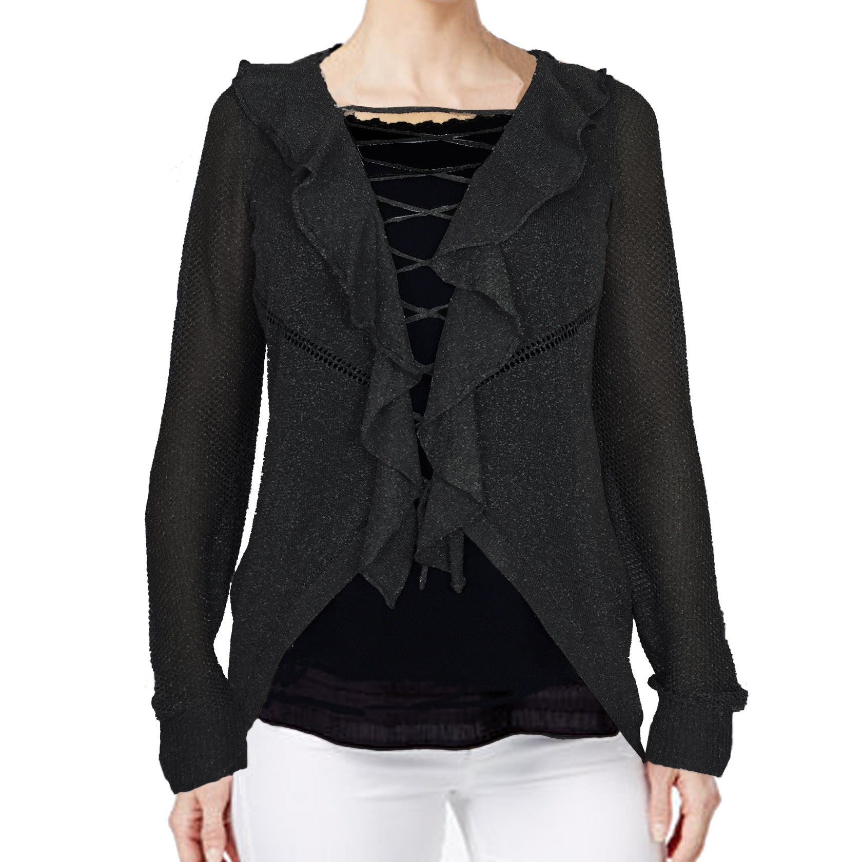 ASHORE RUFFLE AND LACE UP COLLAR CARDIGANS