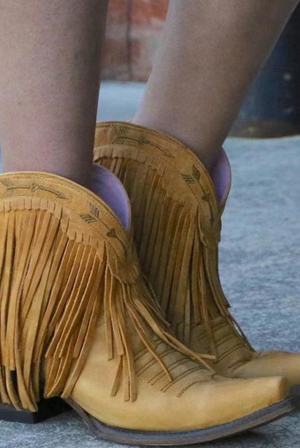 2022 Autumn Tassel Ankle Cowgirl Boots Square Heels Pointed Toe