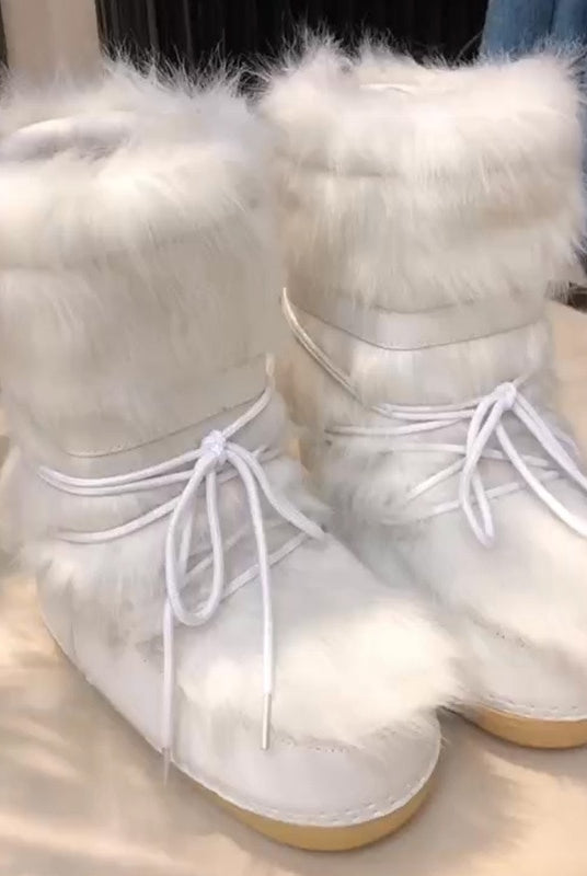 Ashore Shop Womens Snow Boots Winter Fur Boots Lace Up Middle Calf Platform Flat With White Ski Boots